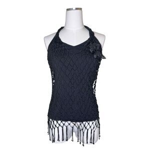 Y2K Radzoli Black Knit Whimsygoth Fringe Halter Top Size Extra Large